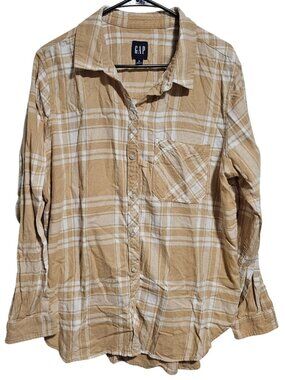 Gap Plaid Button Up Shirt Mens Size XL Beige Long Sleeve Casual Soft Cotton